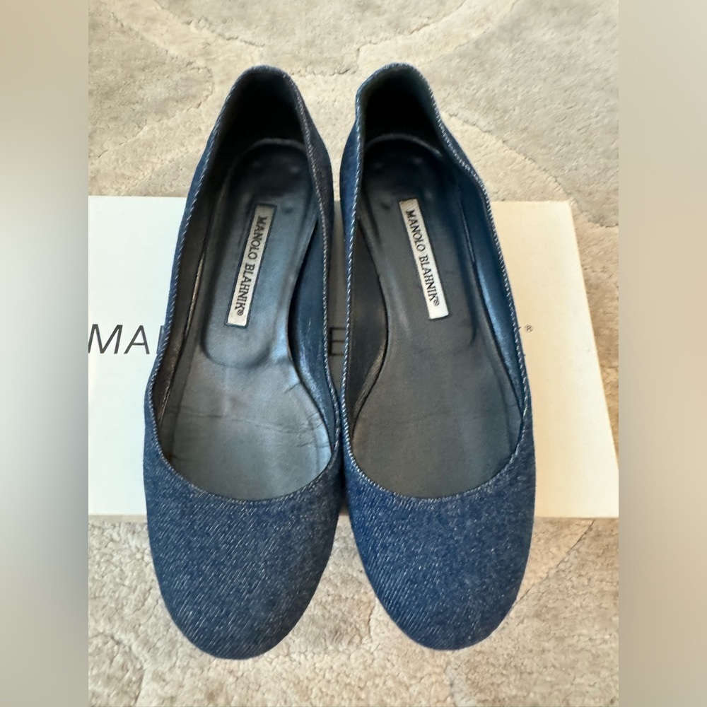 Manolo Blahnik TERE Jeans Flats Blue DENIM Navy Round Toe Shoes 36.5